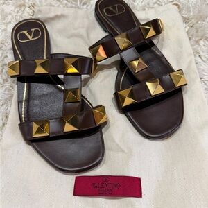 Valentino Garavani Brown Sandals with Gold Studs